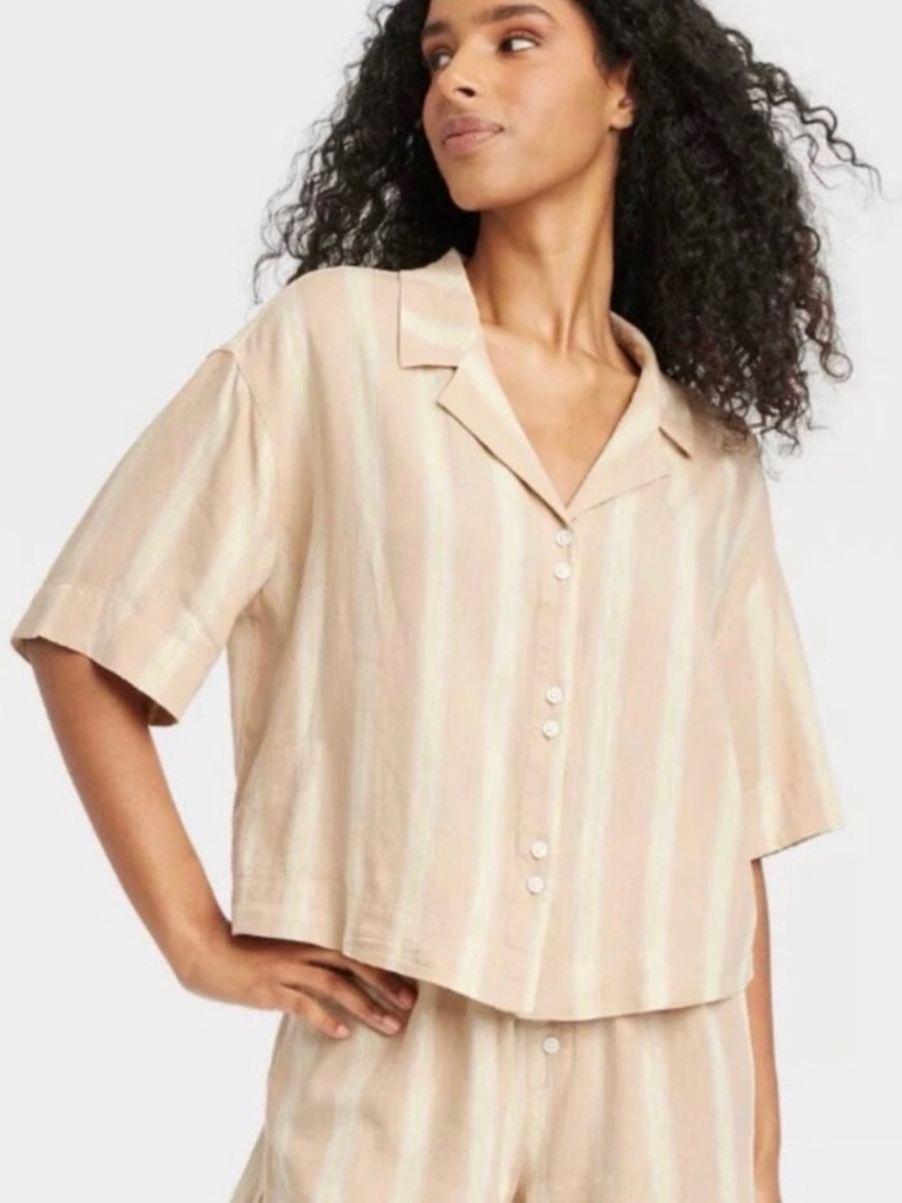 Women’s beige and yellow strip shorts pj set size medium